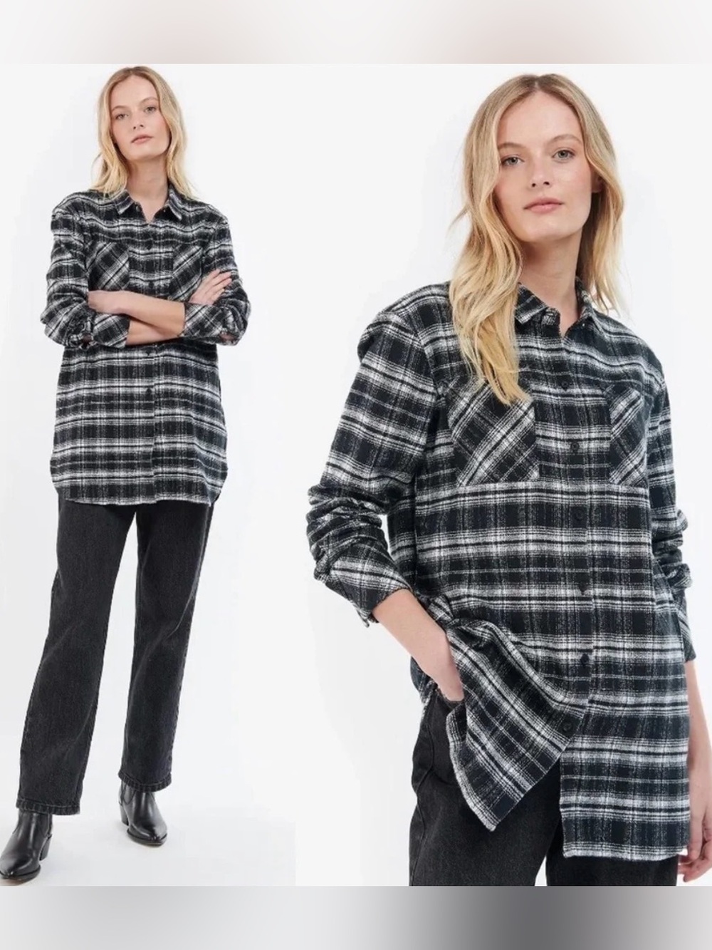 Barbour Thora Mono Check Plaid Cotton Flannel Shirt Size 12
